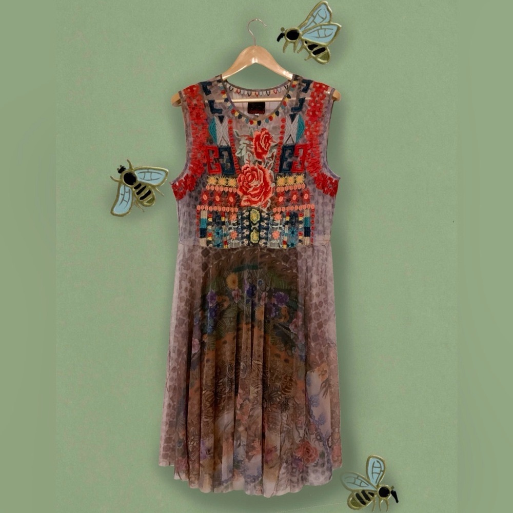 Johnny Was Biya Floral Embroidered Dress XL rare Boho Hippie Bohemian